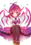  animal_ears brown_legwear dress hat music musical_note mystia_lorelei open_mouth pantyhose pink_hair red_eyes short_hair singing sitting smile solo touhou wings yutsuka_(amyucca) 