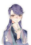  blue_eyes blush glasses heartcatch_precure! long_hair precure purple_hair simple_background solo tima tsukikage_yuri white_background 