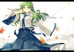  bare_shoulders detached_sleeves frog_hair_ornament green_eyes green_hair hair_ornament hair_tubes kochiya_sanae letterboxed long_hair outstretched_arm rokuwata_tomoe snake_hair_ornament solo touhou 