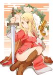  :o agrias_oaks b.tarou bangs blonde_hair boots braid breasts cleavage dress egasumi final_fantasy final_fantasy_tactics flower gun knee_boots legs long_hair medium_breasts orator_(fft) single_braid solo sword thighs weapon 