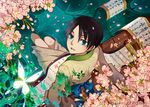  black_hair blue_eyes bug butterfly cherry_blossoms flower from_above insect japanese_clothes kimono leaf lily_pad looking_up male_focus open_mouth petals saiyki scroll soaking_feet solo watanuki_kimihiro water watermark web_address xxxholic yukata 