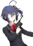  ahoge aqua_eyes bad_id bad_pixiv_id blue_hair chuunibyou_demo_koi_ga_shitai! eyepatch gun handgun looking_at_viewer mauser_c96 neurzero one_side_up pistol school_uniform short_hair simple_background solo takanashi_rikka weapon white_background 