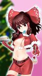  belt blush breasts brown_eyes brown_hair cake capelet condom condom_in_mouth elbow_gloves food fruit gloves hair_tubes hakurei_reimu medium_breasts miniskirt mouth_hold navel red_capelet ribbon santa_costume skirt smile solo strawberry thighhighs topless touhou vitamin_x_(wsxdcft) 