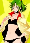  alternate_costume breasts cleavage green_eyes green_hair hand_on_hip midorikawa_nao mouth_hold navel ponytail precure short_hair small_breasts smile_precure! solo tima whistle 