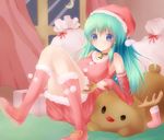  bell bell_collar blue_eyes blush boots bow christmas christmas_stocking collar crescent_moon curtains detached_sleeves green_hair hat highres kochiya_sanae long_hair moon nicoby red_bow red_footwear red_ribbon ribbon sack santa_costume santa_hat smile solo stuffed_animal stuffed_reindeer stuffed_toy touhou 