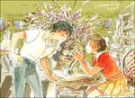  1girl amasawa_seiji black_hair bouquet copyright_name denim doll flower gori_matsu jeans mimi_wo_sumaseba pants shirt short_hair skirt studio_ghibli the_baron traditional_media tsukishima_shizuku watercolor_(medium) 