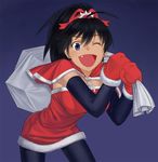  ahoge black_hair blue_background blue_eyes capelet christmas fang ganaha_hibiki gloves idolmaster idolmaster_(classic) long_hair muhamado one_eye_closed open_mouth pantyhose ponytail red_capelet red_gloves sack santa_costume simple_background solo 