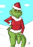  balls big_penis bottomless christmas clothed clothing fur green_fur grin grinch half-dressed hat hi_res holidays how_the_grinch_stole_christmas looking_at_viewer male op2 outside penis precum red_eyes santa_hat snow solo uncut 