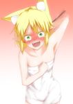  animal_ears armpits blonde_hair blush cat_ears extra_ears full-face_blush green_eyes highres kemonomimi_mode mizuhashi_parsee open_mouth pointy_ears short_hair solo takorice touhou towel 