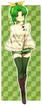  blush boots capelet checkered checkered_background green_background green_eyes green_hair green_legwear hair_ribbon highres midorikawa_nao ponytail precure ribbon shawl short_hair shorts smile_precure! solo suurin_(ksyaro) thighhighs 