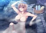  arcueid_brunestud bathing blonde_hair blush breasts bucket large_breasts miyai_sen navel nipples nude onsen partially_submerged red_eyes shampoo_bottle solo towel towel_on_head tsukihime water wet wooden_bucket 