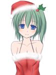  alternate_costume bare_shoulders blue_eyes breasts cleavage collarbone daiyousei edamame_(barium) empty_eyes green_hair hair_ornament hat head_tilt holly holly_hair_ornament medium_breasts no_wings santa_costume santa_hat side_ponytail simple_background smile solo touhou white_background 