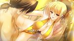  1girl appare!_tenka_gomen_(matsuri)_koi_to_arashi_ha_ooedo_no_hana bare_shoulders blonde_hair blush breasts brown_eyes brown_hair censored erect_nipples game_cg hair_ornament katagiri_hinata large_breasts long_hair mole nipple_slip nipples penis ponytail sex short_hair smile steam sweat swimsuit vaginal 