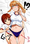  abs blonde_hair blue_eyes brown_eyes brown_hair buruma buruma_lift gym_uniform highres lifted_by_another multiple_girls original panties panty_lift pleasure-treasure simple_background underwear wedgie white_background white_panties 