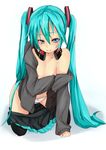  all_fours aqua_eyes aqua_hair flat_chest futa1027 hatsune_miku long_hair looking_at_viewer panties simple_background skirt solo twintails underwear undressing vocaloid 