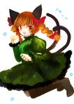  animal_ears boots bow braid brown_legwear cat_ears cat_tail dress green_dress hair_bow kaenbyou_rin long_hair multiple_tails open_mouth pantyhose red_eyes red_hair smile solo tail touhou twin_braids yutsuka_(amyucca) 