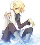  asymmetrical_clothes blonde_hair boots detached_sleeves fay_d_flourite hand_on_head male_focus maro_(nikeneko523) pants sitting solo tsubasa_chronicle water wet white_background 