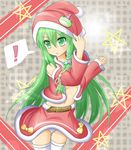  1girl adjusting_clothes adjusting_hat breasts center_opening detached_sleeves frog_hair_ornament green_eyes green_hair hair_ornament hat highres kochiya_sanae long_hair medium_breasts midriff open_clothes open_shirt panties pantyshot pantyshot_(standing) party_hat santa_costume santa_hat shirt snake_hair_ornament solo standing star thigh_gap touhou underwear white_panties yunama 