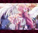  1girl blue_eyes choker closed_eyes cure_happy highres hoshizora_miyuki inoshishi_(ikatomo) kiss letterboxed long_hair magical_girl pink_choker pink_hair precure princess_form_(smile_precure!) smile_precure! tiara twintails werewolf white_hair wolfrun 