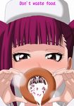  bangs bleach blunt_bangs blush breath cum cum_in_mouth cum_on_food cum_on_tongue dokugamine_riruka doughnut english face food fullbringer hat highres kh-fullhouse long_hair open_mouth pov purple_eyes purple_hair solo sweatdrop tongue tongue_out twintails uvula 