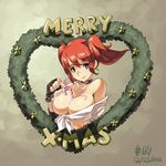  2012 between_breasts blue_eyes breasts candy candy_cane candy_cane_(rumble_roses) choker cleavage dated fingerless_gloves food gloves heart highres jewelry junkpuyo large_breasts merry_christmas necklace object_namesake red_hair rumble_roses shirt solo tied_shirt twintails wreath 