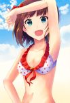  1girl :d amami_haruka arm_up armpits bikini blue_eyes bow breasts brown_hair cleavage cloud collarbone day eyebrows_visible_through_hair frilled_bikini frills hair_bow highres idolmaster idolmaster_(classic) looking_at_viewer medium_breasts navel open_mouth outdoors polka_dot_bikini_top red_bow short_hair smile solo sparkle swimsuit upper_body white_bikini z.nov 