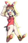  1girl :d arm_up bike_shorts black_shorts blue_eyes bow brown_hair collarbone creatures_(company) full_body game_freak hair_bow hairband haruka_(pokemon) invisible_chair long_hair looking_at_viewer nintendo open_mouth pokemon pokemon_(game) pokemon_oras red_hairband red_shirt shirt shoes short_shorts shorts shorts_under_shorts simple_background sitting sketch sleeveless sleeveless_shirt smile sneakers solo striped striped_bow twintails white_background white_shorts yuihiko 