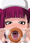  bangs bleach blunt_bangs blush breath dokugamine_riruka doughnut face food fullbringer hat highres kh-fullhouse long_hair open_mouth pov purple_eyes purple_hair solo sweatdrop tongue tongue_out twintails uvula 