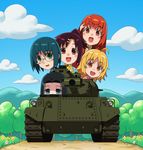  :d anrakutei_kukuru black_hair blonde_hair bouhatei_tetora brown_eyes buratei_marii caterpillar_tracks enter_enter_mission! girls_und_panzer glasses ground_vehicle hair_ornament hairclip haroukitei_kigurumi japanese_clothes joshiraku kimono kuurubiyuutei_gankyou long_hair looking_at_viewer military military_vehicle motor_vehicle multiple_girls open_mouth orange_hair parody red_hair short_hair smile tank type_61_(tank) yudoufu_(yudouhu) 