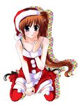  bad_id bad_pixiv_id bare_shoulders brown_hair christmas hat kohaku_(kohagura) long_hair long_ponytail lyrical_nanoha parted_lips ponytail purple_eyes red_legwear santa_costume side_ponytail sitting solo takamachi_nanoha very_long_hair wariza 