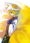  animal_ears blonde_hair brown_eyes dress fox_tail hands_in_opposite_sleeves hat light_smile looking_down multiple_tails profile short_hair smile solo tail touhou yakumo_ran yellow_eyes yutsuka_(amyucca) 