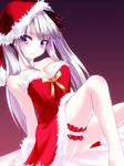  bare_shoulders breasts character_request cleavage copyright_request garters hat heart large_breasts lavender_hair purple_eyes santa_costume santa_hat silve solo twintails 