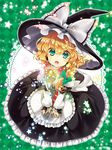  apron blonde_hair bow braid green_eyes hat hat_bow highres kirisame_marisa long_hair namisaki_yuka ribbon single_braid solo star touhou waist_apron white_bow witch_hat 