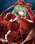  bad_id bad_pixiv_id dress dress_lift floral_print frilled_dress frills front_ponytail green_hair grey_eyes hair_ribbon highres kagiyama_hina long_hair looking_at_viewer nishigyou_teraa puffy_sleeves red_dress ribbon short_sleeves smile solo touhou 