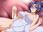  bed_sheet breasts collarbone commentary_request covered_navel covered_nipples covering groin hand_up high_ponytail kousaka_shigure kuro_fn large_breasts light_smile lips long_hair looking_at_viewer lying naked_sheet nude nude_cover on_back ponytail purple_eyes purple_hair shijou_saikyou_no_deshi_ken'ichi slit_pupils solo under_covers underboob 