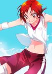  cloud day gym_shorts gym_uniform hino_akane_(smile_precure!) midriff navel orange_eyes precure red_hair short_hair shorts sky smile smile_precure! solo sport tima 