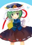  1girl blush green_eyes green_hair hat long_sleeves open_mouth ribbon rod_of_remorse shiki_eiki short_hair skirt solo touhou vest yutsuka_(amyucca) 