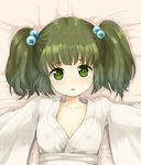  bad_id bad_pixiv_id blush breasts child covered_nipples green_eyes green_hair hair_bobbles hair_ornament kisume looking_at_viewer lying on_back short_hair small_breasts solo touhou twintails urin 