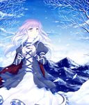  blonde_hair brown_hair cape cetera dress highres hijiri_byakuren long_hair long_sleeves mountain multicolored_hair open_mouth smile snow snowing solo touhou tree yellow_eyes 