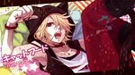  96neko androgynous blonde_hair bracelet cat_food_(vocaloid) earrings fang hair_over_one_eye hood hoodie jewelry nail_polish necklace niconico pillow short_hair solo yamako_(state_of_children) 