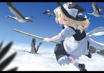  bird blonde_hair bow braid broom broom_riding cloud day flying hat kirisame_marisa letterboxed long_hair open_mouth rokuwata_tomoe sky solo touhou witch_hat yellow_eyes 