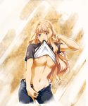  adjusting_hair areolae blonde_hair blue_eyes blush breasts casual earrings jewelry large_breasts long_hair looking_at_viewer macross macross_frontier mouth_hold navel nipples no_bra no_panties open_fly sakaki_(sakakiya) sheryl_nome shirt_lift solo underboob unzipped 