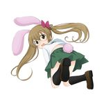  abe_kanari animal_ears bangs black_legwear blouse blush bow brown_eyes brown_hair bunny_ears bunny_tail fake_animal_ears fake_tail from_behind full_body girls_und_panzer glasses green_skirt grey_eyes hair_bow hair_ribbon highres kneehighs kneeling loafers long_hair long_sleeves looking_at_viewer looking_back miniskirt ooarai_school_uniform oono_aya open_mouth pleated_skirt ribbon round_eyewear school_uniform serafuku shoe_soles shoes simple_background skirt solo tail twintails white_background white_blouse 