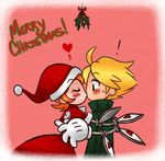  1girl capelet christmas extra_eyes gias-ex-machella gloves hat heart heart-shaped_pupils hug kiss leduc_(skullgirls) mechanical_arms merry_christmas mistletoe orange_hair peacock_(skullgirls) red_eyes santa_costume santa_hat short_hair skullgirls surprise_kiss surprised symbol-shaped_pupils white_gloves 