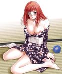  arm_support bangs bare_shoulders barefoot blush breasts floral_print flower full_body grey_eyes hair_ornament japanese_clothes jpeg_artifacts kimono large_breasts long_hair long_sleeves morning_glory nipples obi off_shoulder parted_lips primiera_(saga) red_hair saga saga_frontier saga_frontier_2 sash seqet-aru sitting solo source_request tatami very_long_hair wariza yukata 