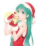  aqua_eyes aqua_hair bad_id bad_pixiv_id bare_shoulders cake eating food food_on_face gloves hat hatsune_miku hokura_ten long_hair looking_at_viewer open_mouth red_gloves santa_costume santa_hat solo twintails vocaloid 