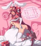  :p animal_ears ass blush bow box breasts bunny_ears di_gi_charat dice elbow_gloves english gift gift_box gloves hair_bow highres large_breasts long_hair looking_at_viewer maebari merry_christmas red_eyes red_hair revealing_clothes sack saiste smile solo thighhighs tongue tongue_out twintails underboob usada_hikaru white_gloves white_legwear 