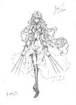  :&lt; boots cross dress fate/zero fate_(series) fermium.ice genderswap genderswap_(mtf) greyscale highres jewelry kotomine_kirei long_hair monochrome necklace signature simple_background solo sword thigh_boots thighhighs very_long_hair weapon 