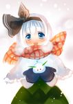  black_hairband blue_eyes blush capelet hair_ribbon hairband konpaku_youmu mittens open_mouth ribbon short_hair silver_hair skirt smile snow snow_bunny solo touhou vest yutsuka_(amyucca) 