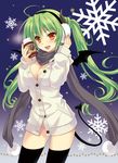  :d bat_wings black_legwear breasts cardigan cleavage coffee demon_girl demon_tail earmuffs fang green_hair horns large_breasts long_hair looking_at_viewer naked_cardigan no_panties open_mouth original saeki_hokuto scarf smile snowflakes solo steam sweater tail thighhighs twintails wings yellow_eyes 